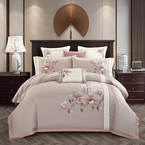 HKM-327251 Luxurious 4-Piece Embroidered Cotton Bedding Set with Landscape Pattern and Lace Trim