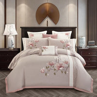 HKM-327251 Luxurious 4-Piece Embroidered Cotton Bedding Set with Landscape Pattern and Lace Trim