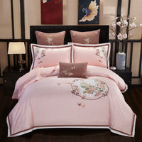HKM-327251 Luxurious 4-Piece Embroidered Cotton Bedding Set with Landscape Pattern and Lace Trim