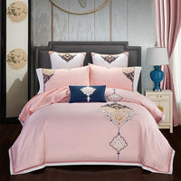 HKM-327251 Luxurious 4-Piece Embroidered Cotton Bedding Set with Landscape Pattern and Lace Trim