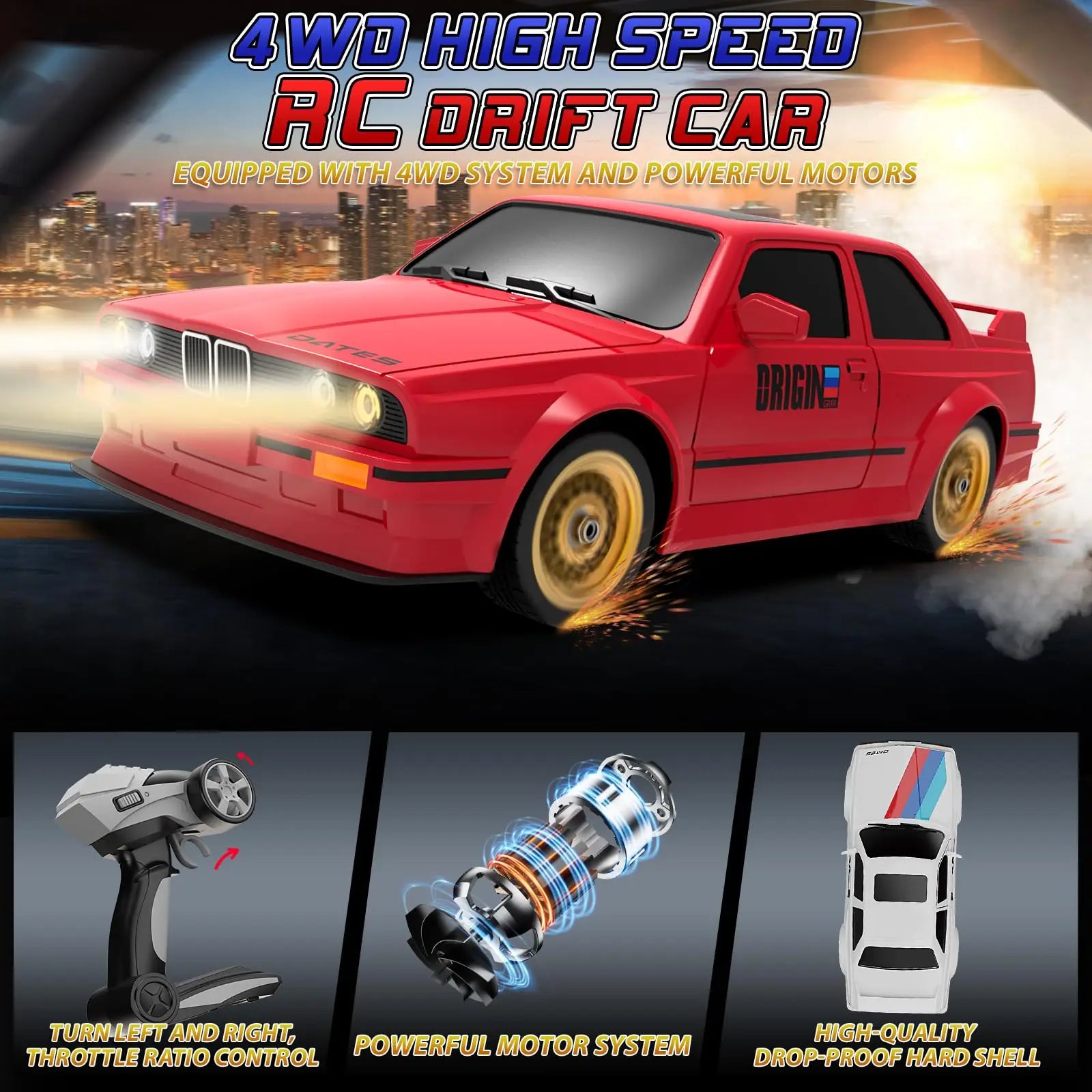 HKM-327443 1:16 Scale RC Drift Car, 4WD Remote Control Vehicle, Indoor/Outdoor Use, Ready-to-Go, 4 Channels