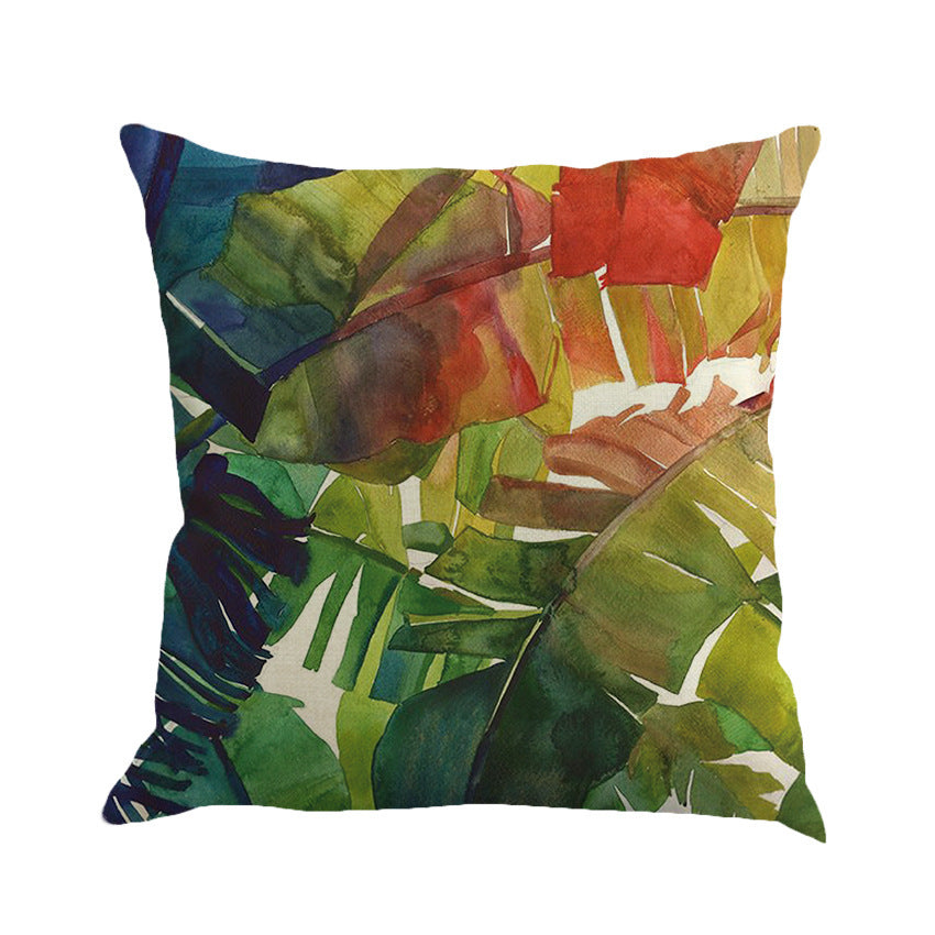 HKM-328019 Tropical Leaf Print Cotton and Linen Pillowcase - 45x45cm Decorative Cushion Cover