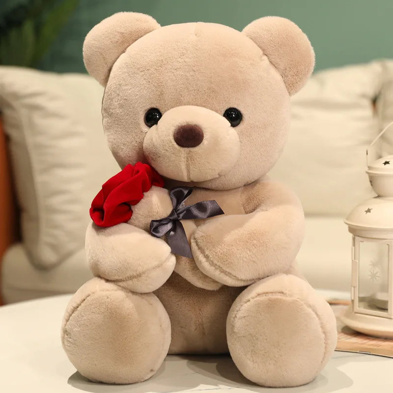 KTX-328467 Stuffed Plush Teddy Bear with Rose – Cute Love Toy for Children, 10cm to 100cm Heights