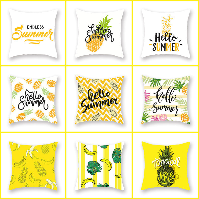 HKM-329171 Bright Yellow Pineapple Lumbar Pillowcase - Nordic Style Peach Skin Cushion Cover 45x45cm
