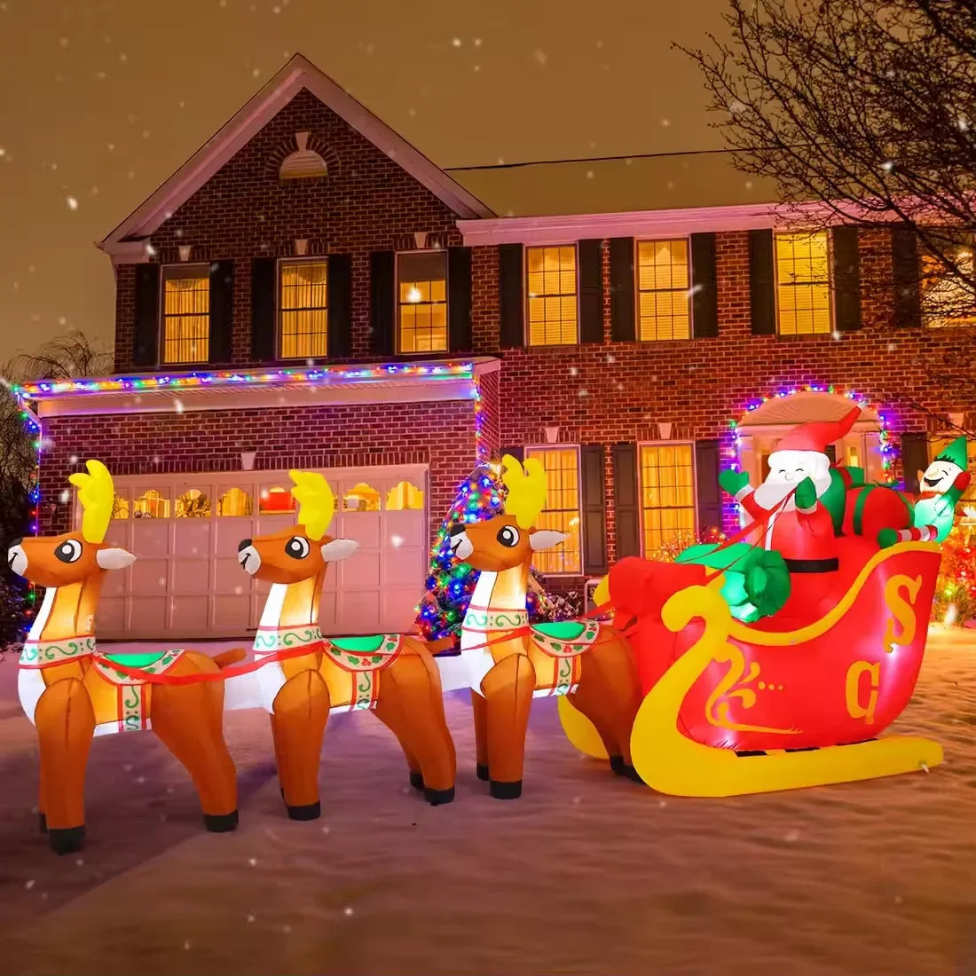 KTX-330387 12 FT Inflatable Santa Sleigh with Reindeer - Outdoor Christmas Decoration with LED Lights