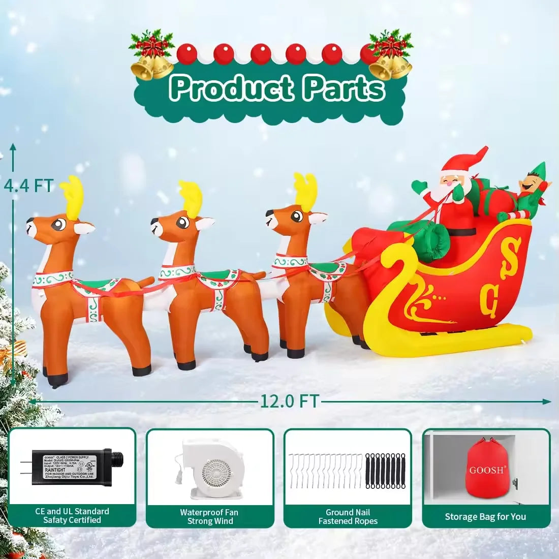 KTX-330387 12 FT Inflatable Santa Sleigh with Reindeer - Outdoor Christmas Decoration with LED Lights