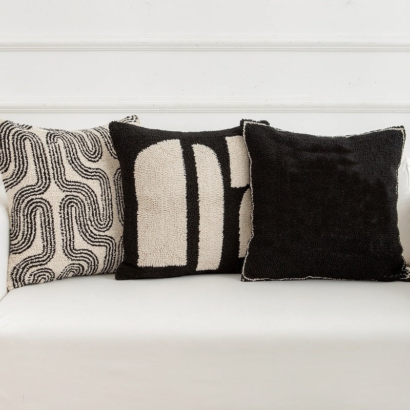 HKM-331219 Modern Black and White Geometric Tufted Embroidered Pillowcase, 50x50 cm