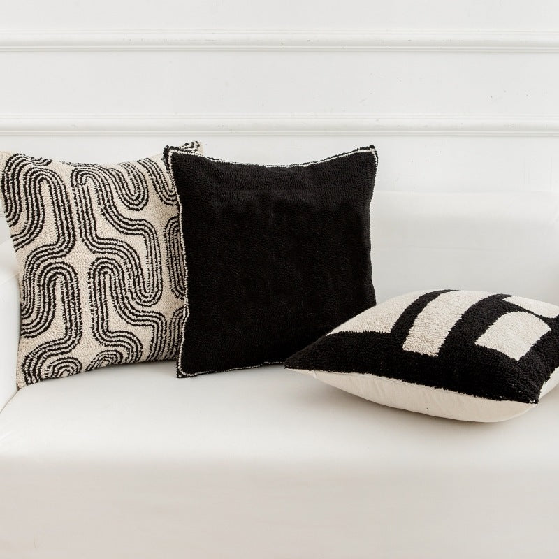 HKM-331219 Modern Black and White Geometric Tufted Embroidered Pillowcase, 50x50 cm