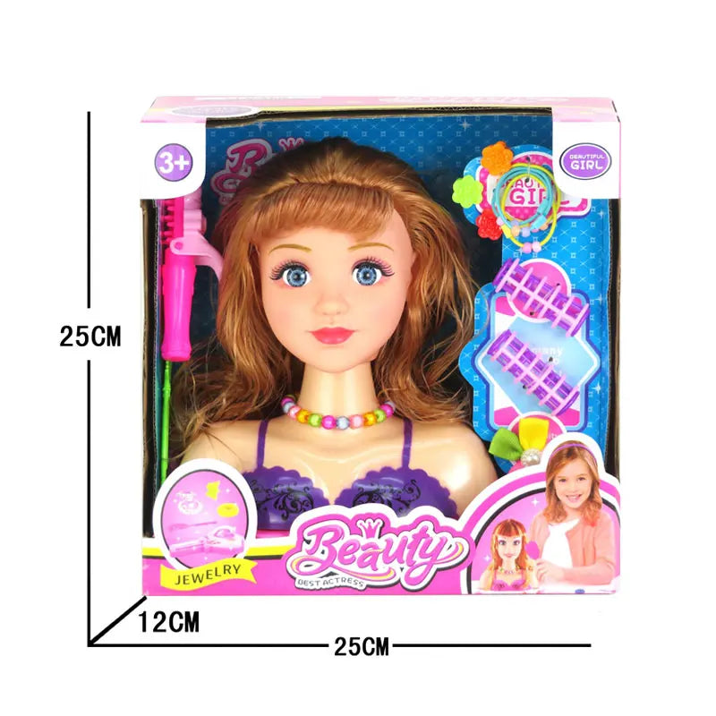 Plastic Girl Beauty Pretend Play Set with Hairdressing Doll Head for Ages 2-4