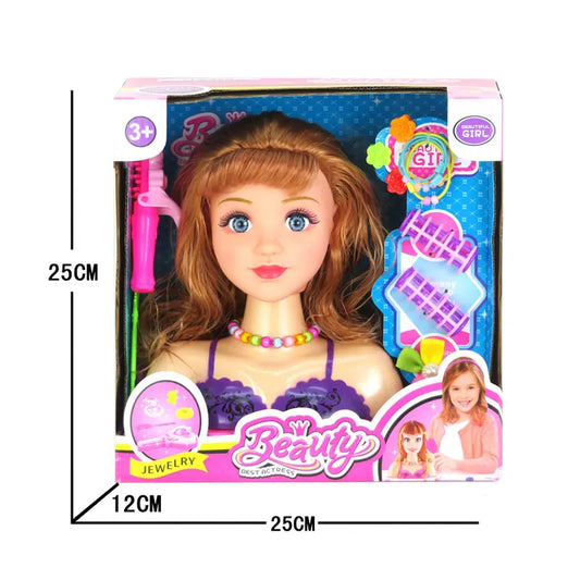 Plastic Girl Beauty Pretend Play Set with Hairdressing Doll Head for Ages 2-4
