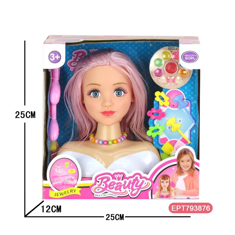 Plastic Girl Beauty Pretend Play Set with Hairdressing Doll Head for Ages 2-4