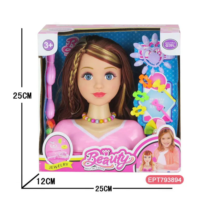 Plastic Girl Beauty Pretend Play Set with Hairdressing Doll Head for Ages 2-4