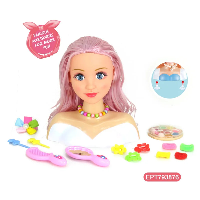 Plastic Girl Beauty Pretend Play Set with Hairdressing Doll Head for Ages 2-4