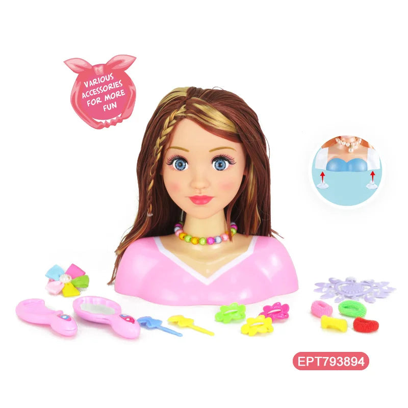 Plastic Girl Beauty Pretend Play Set with Hairdressing Doll Head for Ages 2-4