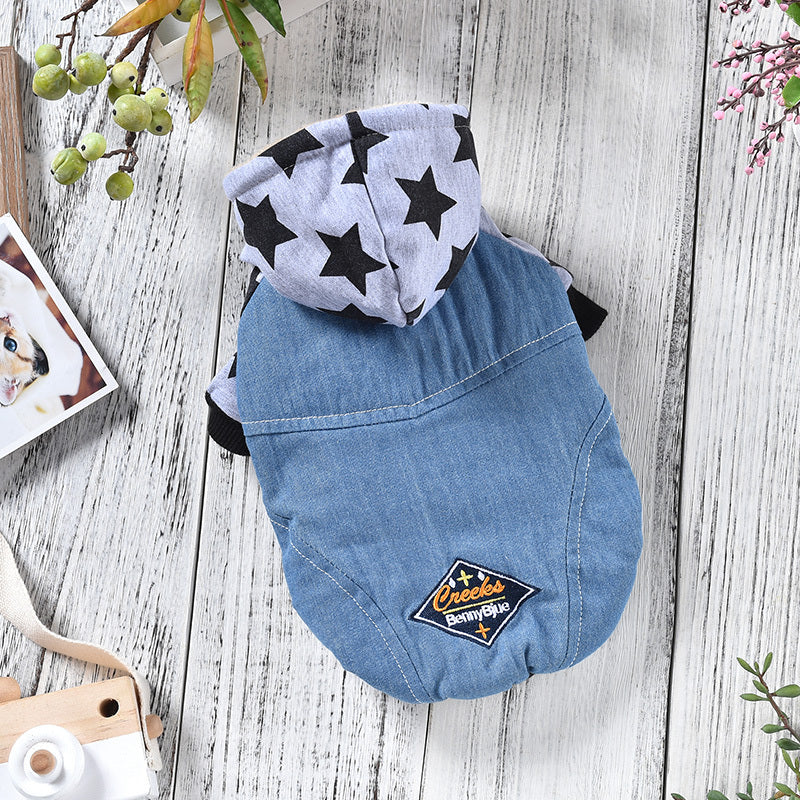 HKM-331795 Star Washed Denim Stitching Flannel Pet Dog Clothing for Autumn and Winter - XS to 2L