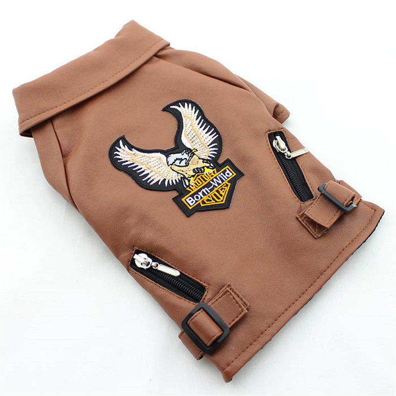 HKM-332755 Embroidered Eagle Design Leather Jacket for Small Dogs in Chocolate Black