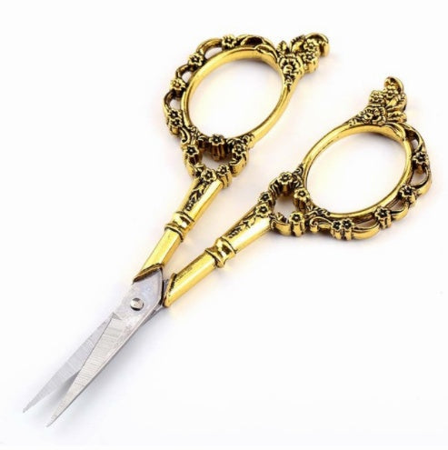KTX-332755 Vintage Floral Pattern Needlework Scissors in Antique Bronze Tone - 11cm Stainless Steel Craft Tool