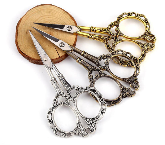 KTX-332755 Vintage Floral Pattern Needlework Scissors in Antique Bronze Tone - 11cm Stainless Steel Craft Tool