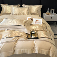 HKM-332883 Jacquard Four-Piece Cotton Bedding Set with Stripe and Geometric Patterns