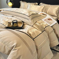 HKM-332883 Jacquard Four-Piece Cotton Bedding Set with Stripe and Geometric Patterns