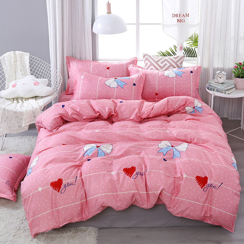 HKM-333075 Cartoon Floral Polyester Four-Piece Bedding Set with Quilt Cover and Pillowcases