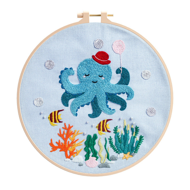 HKM-333075 Original Infauna Series Beginner Embroidery Kit - Cartoon Design, Cotton Fabric, 8 Inch Craft Set