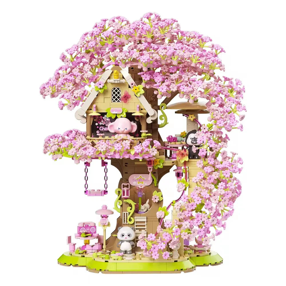 Cherry Blossom Tree House Building Block Set with Panda - 50 Pieces for Ages 2 and Up