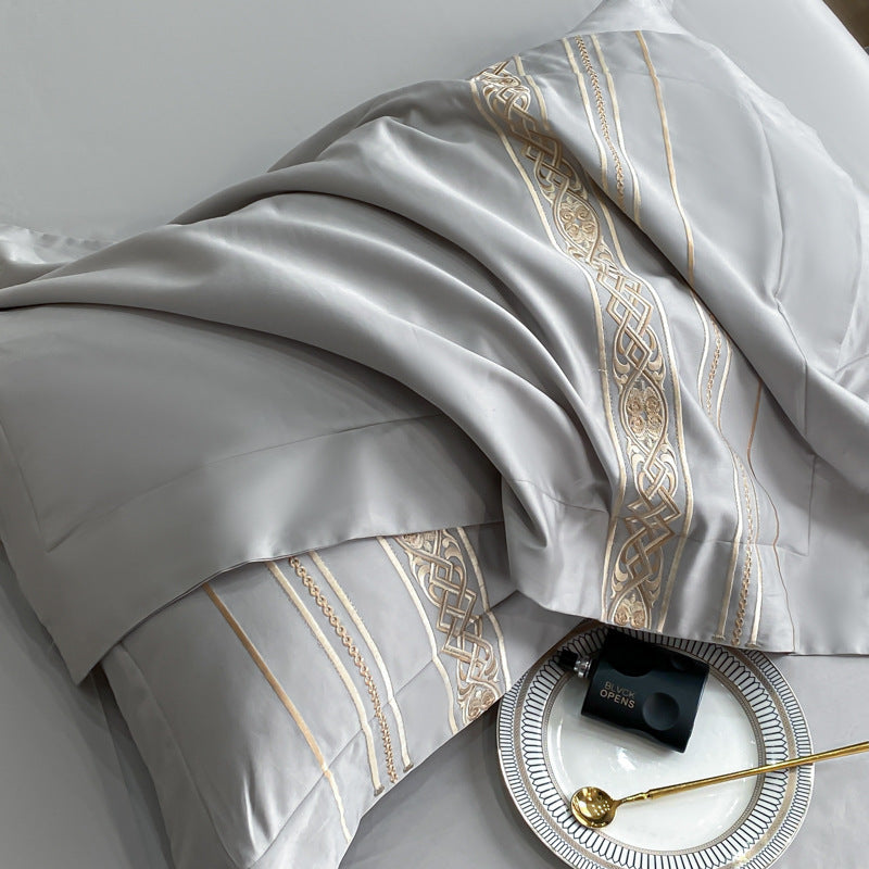 HKM-334547 Pure Cotton Four-Piece Embroidered Bedding Set with Fitted Sheet and Duvet Cover