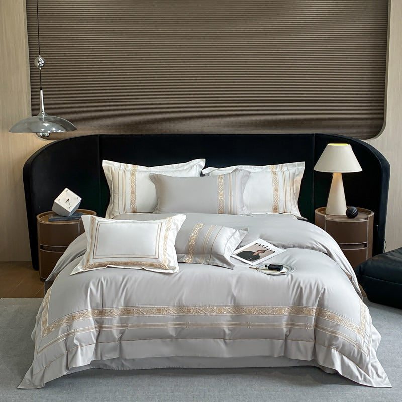 HKM-334547 Pure Cotton Four-Piece Embroidered Bedding Set with Fitted Sheet and Duvet Cover