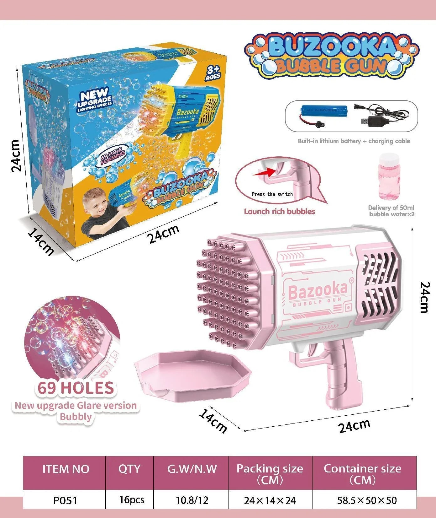HKM-335187 Electric 69 Holes Bubble Launcher Toy for Kids with Lights, Plastic Bubble Machine