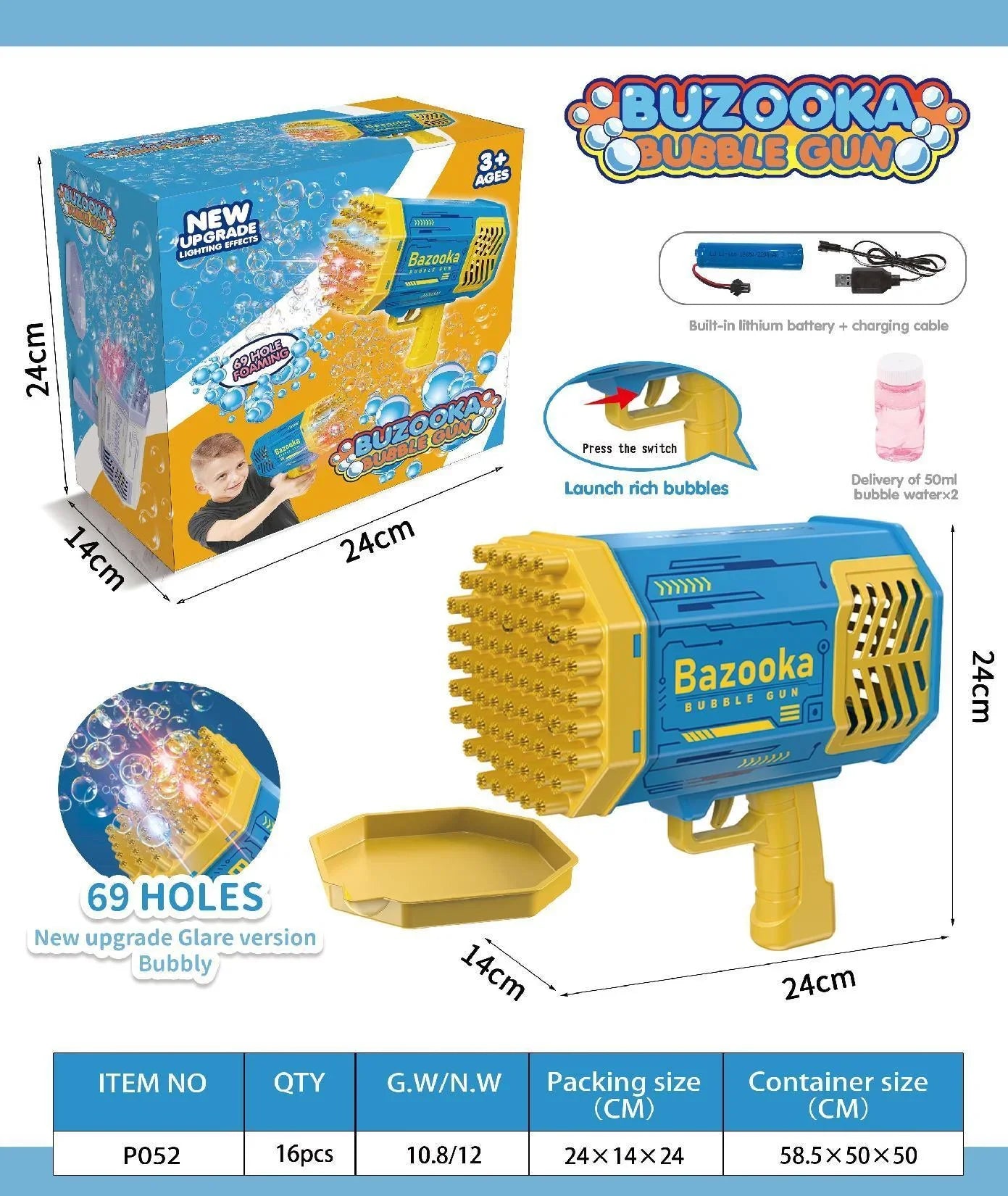 HKM-335187 Electric 69 Holes Bubble Launcher Toy for Kids with Lights, Plastic Bubble Machine