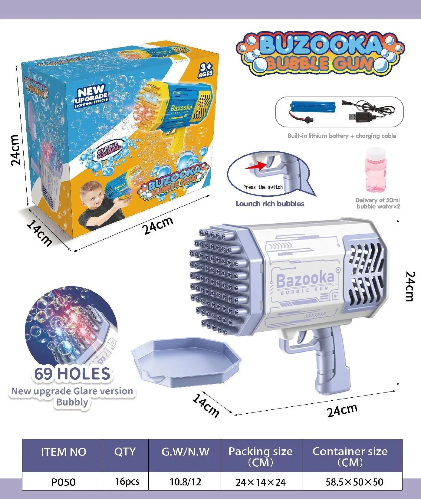 HKM-335187 Electric 69 Holes Bubble Launcher Toy for Kids with Lights, Plastic Bubble Machine