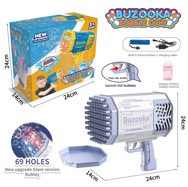 HKM-335187 Electric 69 Holes Bubble Launcher Toy for Kids with Lights, Plastic Bubble Machine