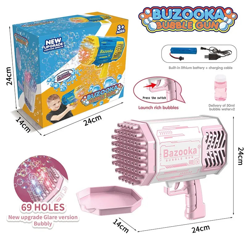 HKM-335187 Electric 69 Holes Bubble Launcher Toy for Kids with Lights, Plastic Bubble Machine