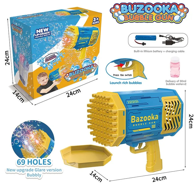 HKM-335187 Electric 69 Holes Bubble Launcher Toy for Kids with Lights, Plastic Bubble Machine