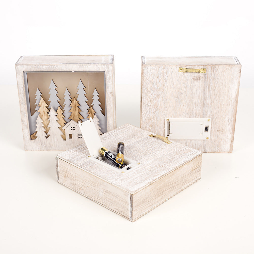HKM-336147 Wooden Luminous Christmas Decoration Ornaments - Small Square Box with House, Deer, and Tree
