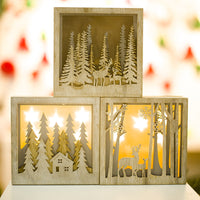 HKM-336147 Wooden Luminous Christmas Decoration Ornaments - Small Square Box with House, Deer, and Tree