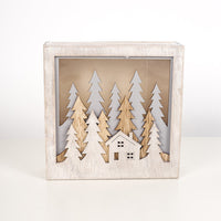 HKM-336147 Wooden Luminous Christmas Decoration Ornaments - Small Square Box with House, Deer, and Tree