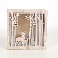 HKM-336147 Wooden Luminous Christmas Decoration Ornaments - Small Square Box with House, Deer, and Tree