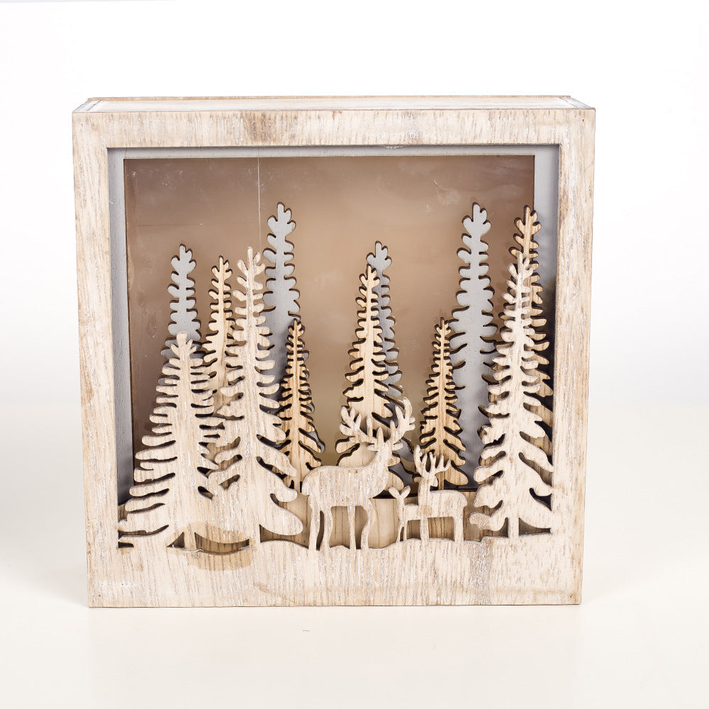 HKM-336147 Wooden Luminous Christmas Decoration Ornaments - Small Square Box with House, Deer, and Tree