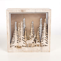 HKM-336147 Wooden Luminous Christmas Decoration Ornaments - Small Square Box with House, Deer, and Tree