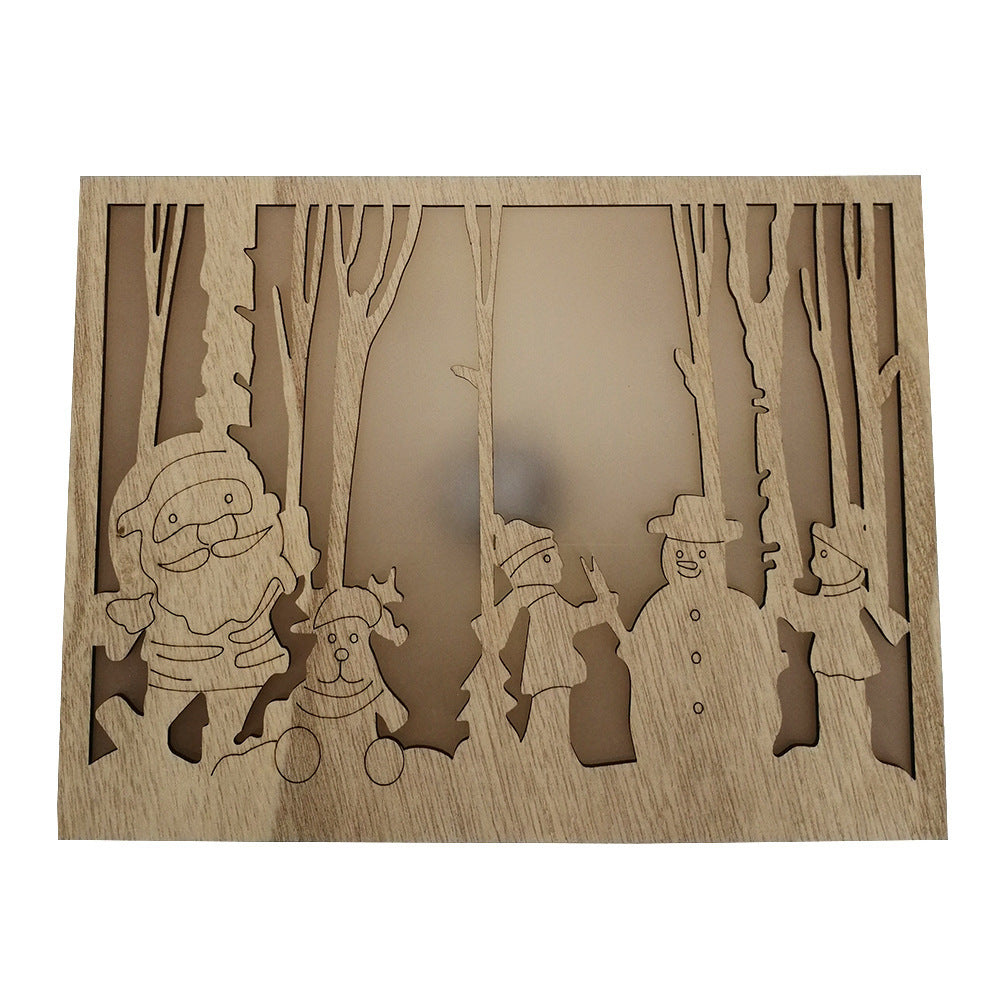 HKM-336147 Wooden Luminous Christmas Decoration Ornaments - Small Square Box with House, Deer, and Tree