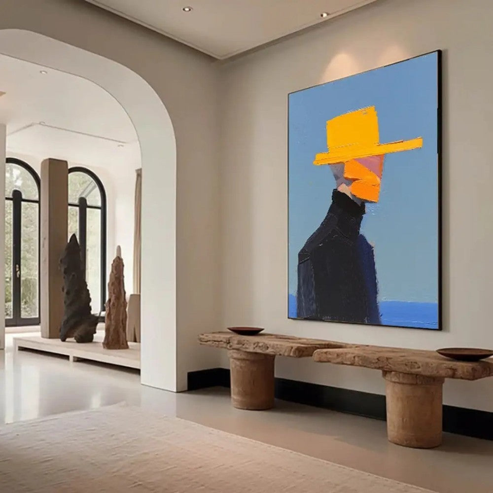 HKM-336467 Hand-Painted Abstract Canvas Art of a Man in Hat - Unique Wall Décor for Living Room and Bedroom