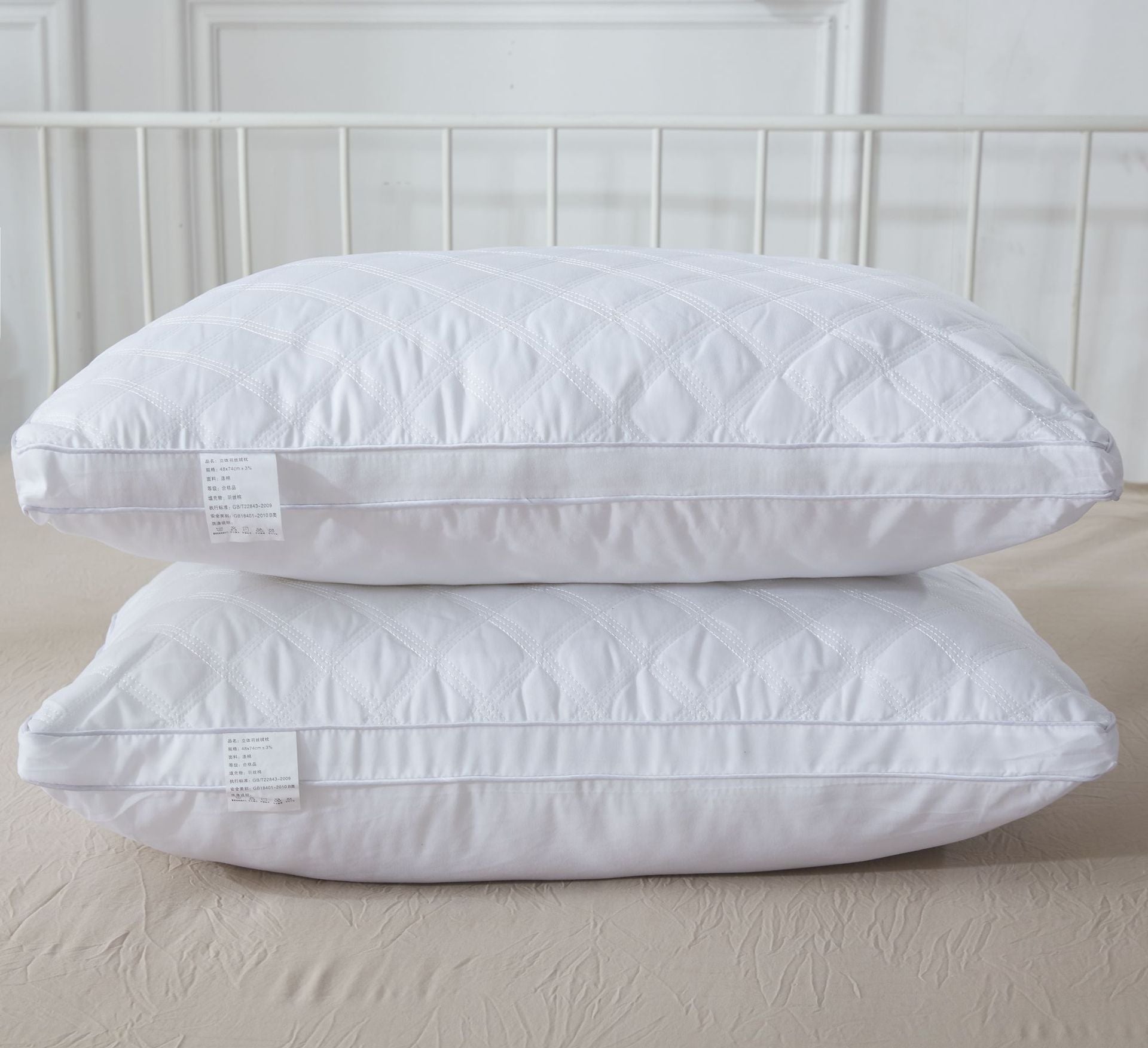 HKM-336659 White Cotton Quilted Three-Dimensional Pillow, 15.1-20cm Height, 42x75cm Size