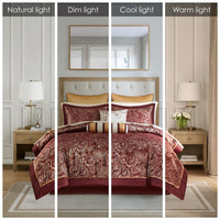 HKM-336851 12 Piece Queen Comforter Set with Cotton Sheets and Decorative Pillows in Red and Gold