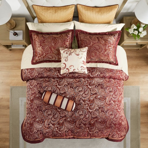 HKM-336851 12 Piece Queen Comforter Set with Cotton Sheets and Decorative Pillows in Red and Gold