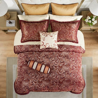 HKM-336851 12 Piece Queen Comforter Set with Cotton Sheets and Decorative Pillows in Red and Gold