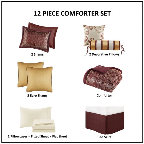 HKM-336851 12 Piece Queen Comforter Set with Cotton Sheets and Decorative Pillows in Red and Gold
