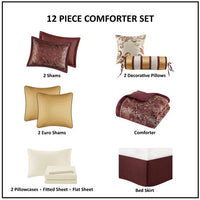 HKM-336851 12 Piece Queen Comforter Set with Cotton Sheets and Decorative Pillows in Red and Gold