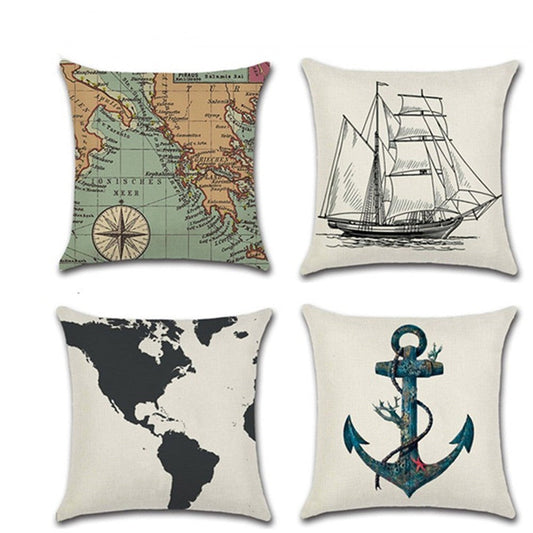 KTX-337363 Navigation Series Map Pillow Cover - Simple & Modern Linen Cushion Cover (45x45cm) with PP Cotton Filler for Living Room